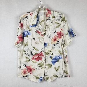 Alfred Dunner Womens Floral Button Up Shirt White Pink Blue Rayon Size 12